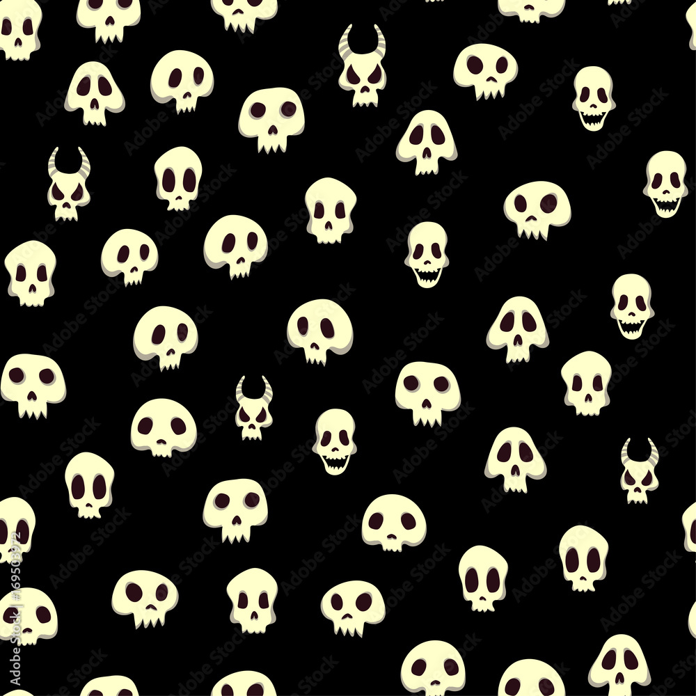 Seamless halloween pattern with skulls. Vector illustration, isolated on black background. Fabric print design. Seamless halloween pattern with skulls. Vector illustration, isolated on black background. Fabric print design.