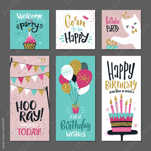 Set of greetings cards. Invitation for birthday party. Vector design template with hand writings words