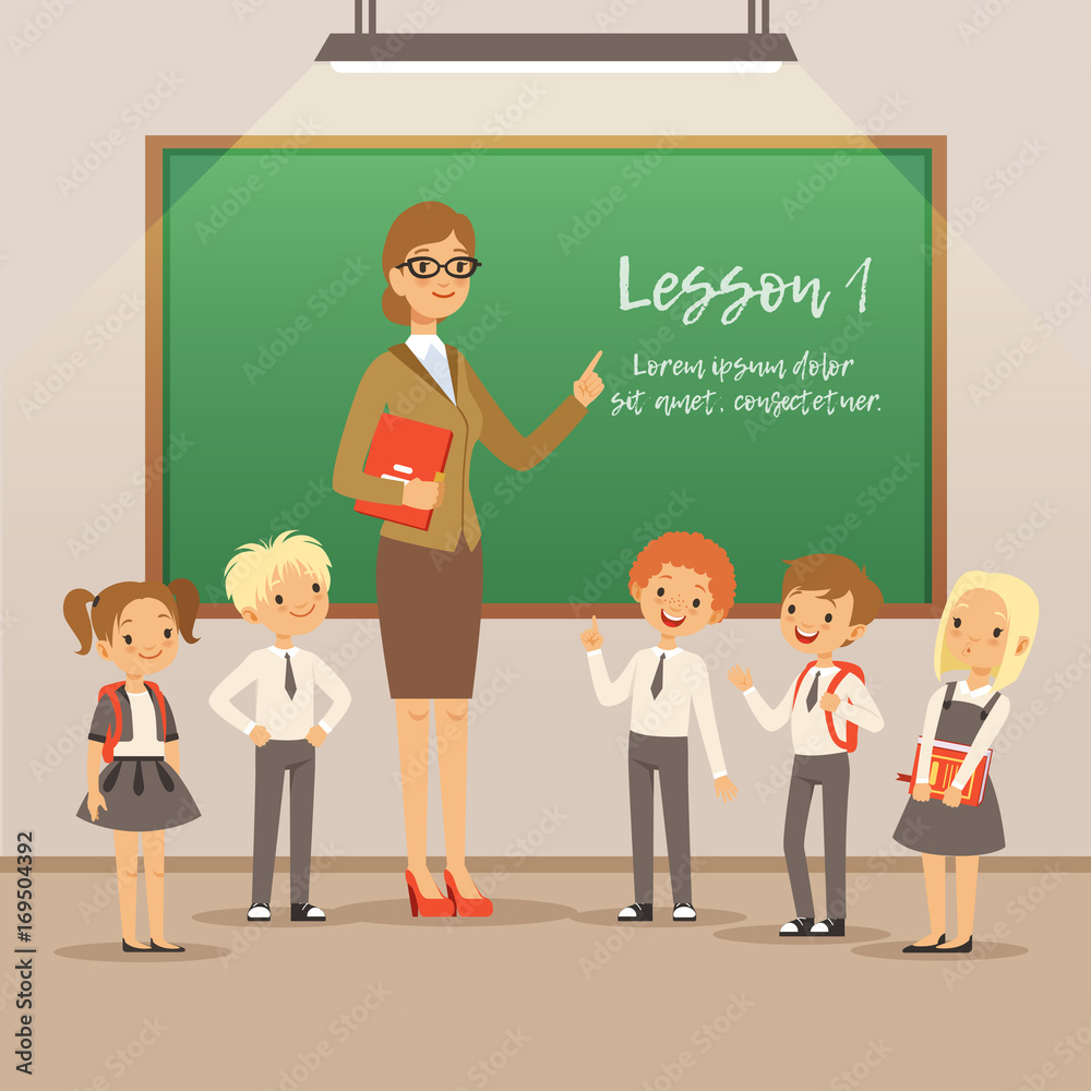 Children with teacher on the lesson in classroom. Vector school ...