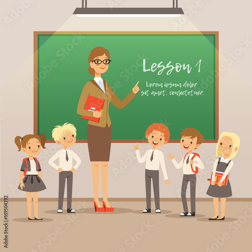 Children with teacher on the lesson in classroom. Vector school background