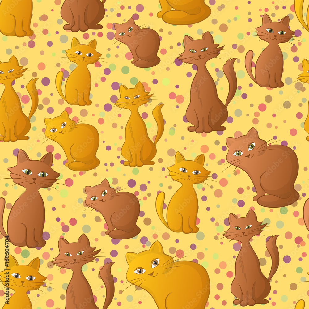 Seamless Background with Cartoon Brown and Red Cats and Confetti, Tile Pattern for Your Design. Vector