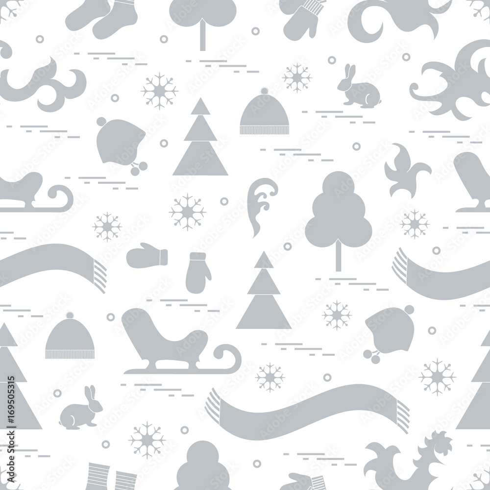Seamless pattern with variety winter elements:  sleigh, tree, scarf, hat, mittens, socks and other.