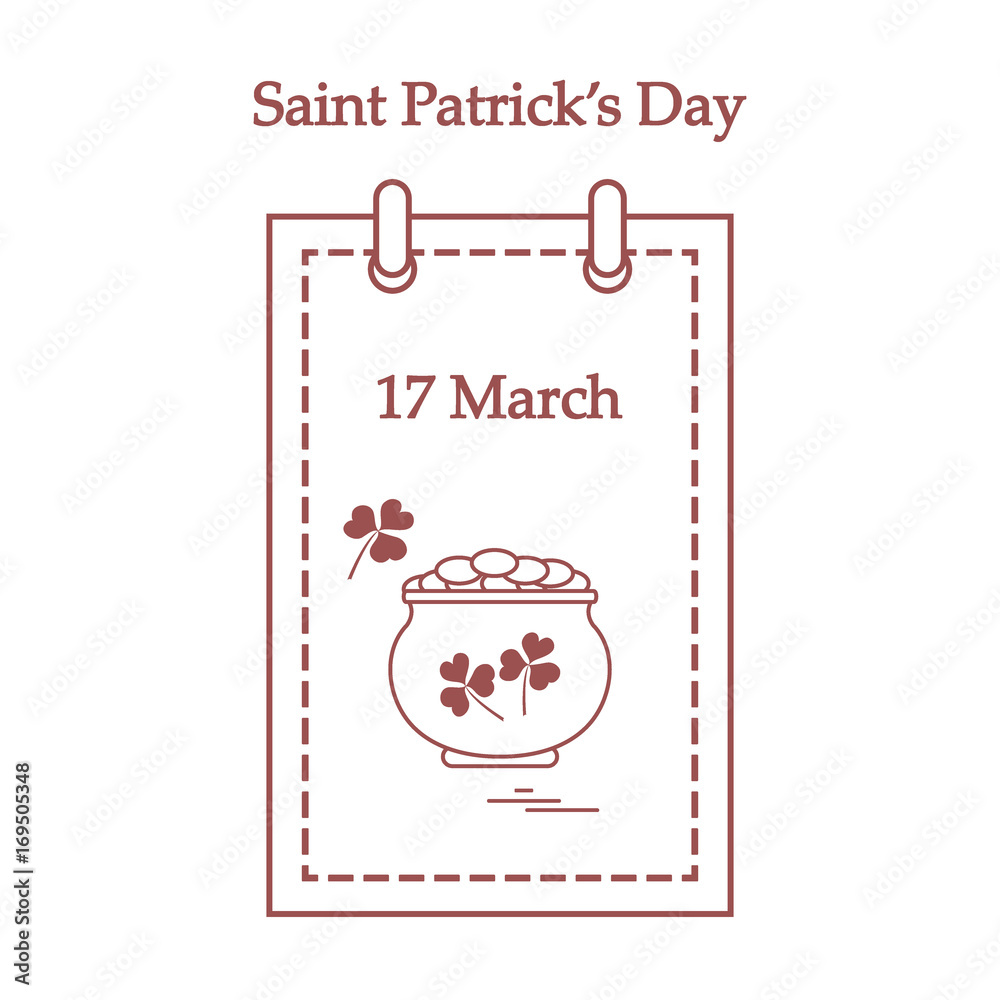 Cute vector illustration: calendar with a pot full of gold coins and clover for St. Patrick's Day.