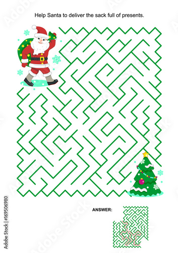 Maze game or activity page for kids: Help Santa to deliver the sack full of presents for children. Answer included.
