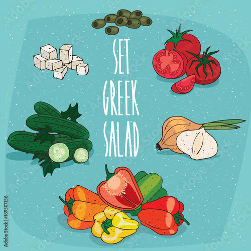 Isolated food products to create Greek salad on recipe, olives, tomato, onion, bell pepper, cucumber, feta cheese. Realistic hand draw style. Lettering Set greek salad