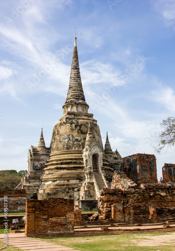 Old pagoda with blue sky in Ayutthaya Historical Park, Ayutthaya, Thailand