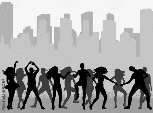 Vector, isolated silhouette of people dancing, crowd