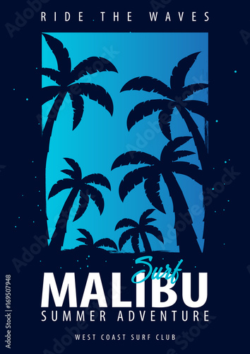 Malibu Surfing graphic with palms. T-shirt design and print.