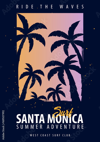 Santa Monica Surfing graphic with palms. T-shirt design and print.