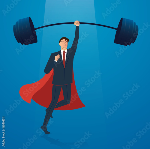 successful businessman with red cape weight lifting vector illustration
