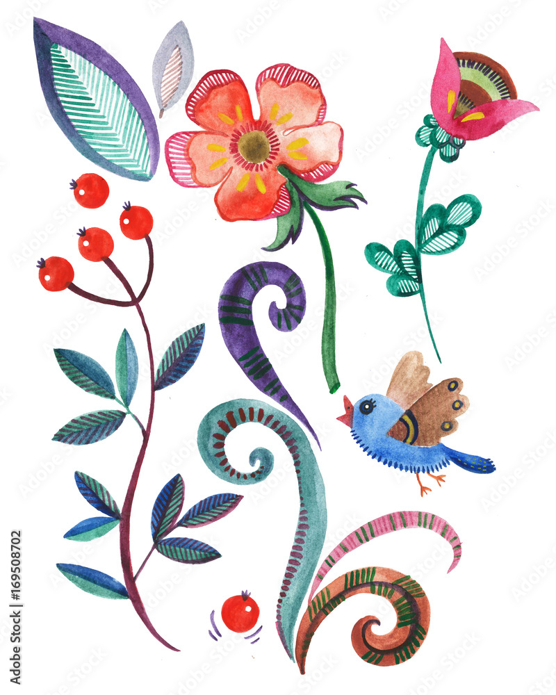 ботаническая иллюстрация, стилизованные цветы и птица, акварельный рисунок  Stock Illustration | Adobe Stock