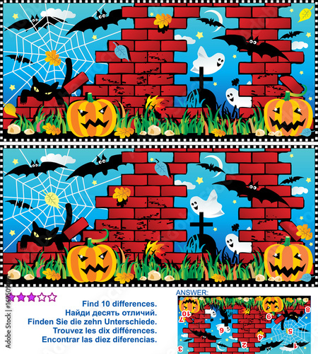 Visual puzzle  Find the ten differences between the two pictures - Halloween night  pumpkin field  ruine  cemetery  ghosts  bats  black cat  spider web. Answer included.  