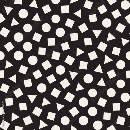 Seamless primitive jumble minimalism patterns. Randomly scattered geometric shapes. Abstract background design