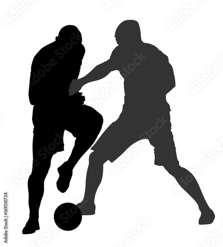 Soccer players in duel vector silhouettes on white background. Football player silhouette cutout outlines. 