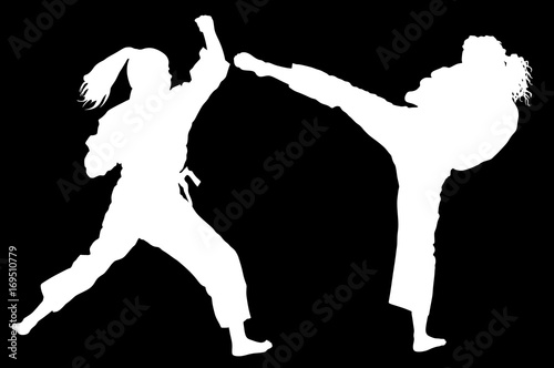 Karate woman fighters in kimono, vector silhouette illustration. Judo fighters ladies battle. Japan traditional martial art. Self-defense presentation. In healthy body healthy mind.