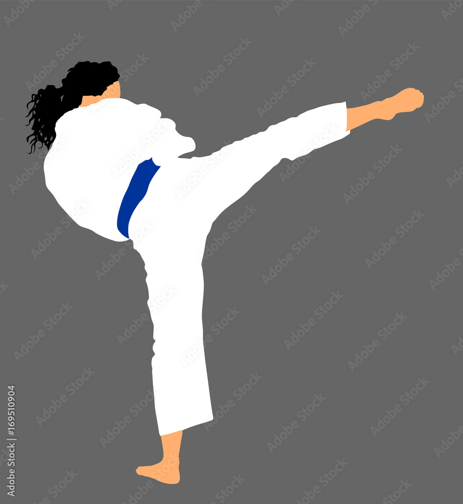 Karate woman fighter in kimono, vector illustration. Japan traditional