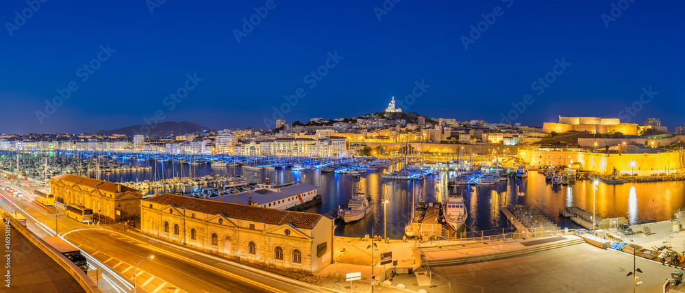 Marseille panorama night city skyline at harbour, Marseille, France
