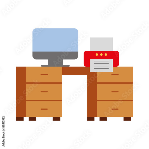 office desk with computer and printer vector illustration design