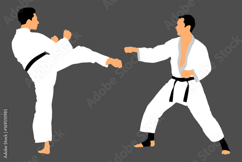 Karate man fighters in kimono, vector illustration. Judo fighters battle silhouette. Japan traditional martial art. Self-defense presentation. In healthy body healthy mind.