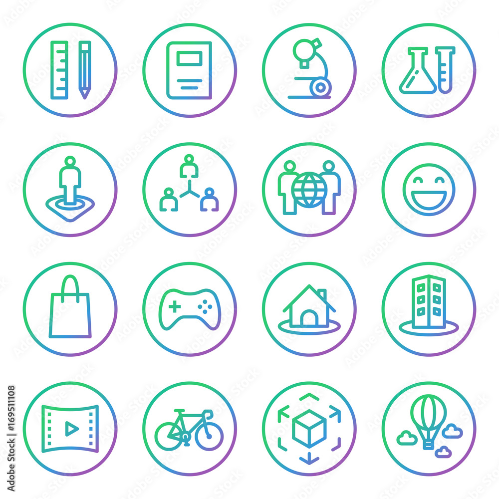 Gradient Rounded Line icons for Virtual Reality innovation technologies. Uses of Virtual Reality. On white background. Gradient Rounded Line icons for Virtual Reality innovation technologies. Uses of Virtual Reality. On white background.
