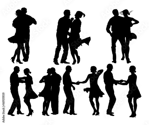Elegant latino dancers couple vector silhouette illustration isolated on white background. Group of mature tango dancing people in ballroom night event.