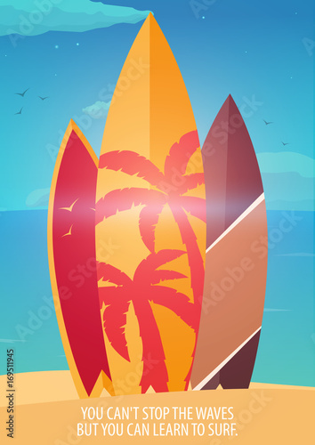 Surfing banner and poster. Surfboards on a beach. Surf and summer design.