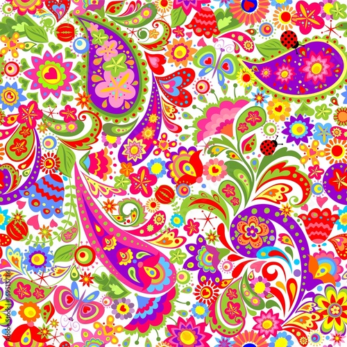 Colorful decorative floral seamless background with ethnic pattern for fabric, textile, wrapping paper, card, invitation, wallpaper, web design