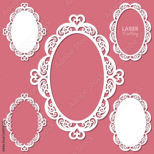 Laser cut vector frame collection with swirls and hearts, vector ornament, vintage frame. May be used for laser cutting. Photo frames with lace for paper cutting. Scrapbooking chipboard.