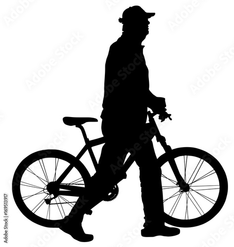 Senior gentleman pushing a bicycle in a park, vector silhouette illustration.