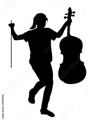 Happy girl graduating music school of cello vector silhouette illustration. Young cellist with cello and fiddle bow in hands silhouette.