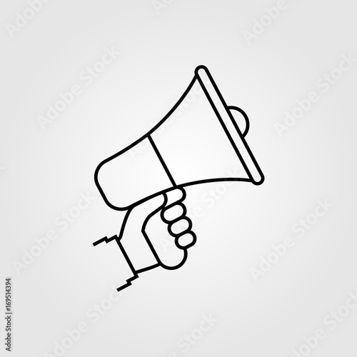 Hand holding megaphone. Isolated icon on white background. Modern minimal design with a line. Speaker, loudspeaker silhouette. Vector illustration. Advertising and promotion symbol.