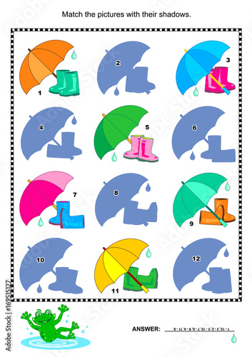 Visual puzzle or picture riddle: Match the pictures of gumboots and umbrellas to their shadows. Answer included.
