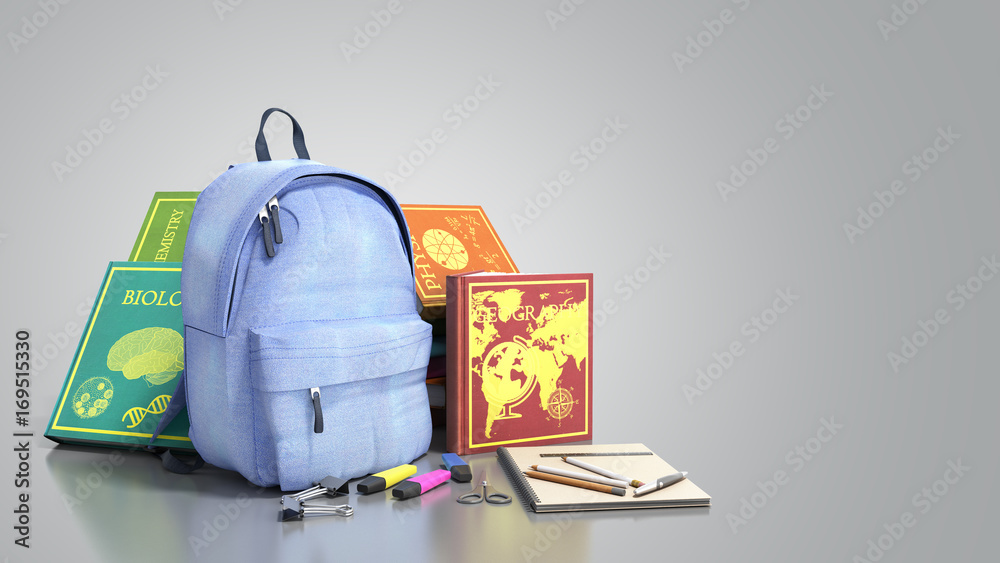 Blue backpack with school supplies 3d render on grey Blue backpack with school supplies 3d render on grey