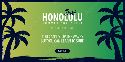 Hawaii Surfing graphic with palms. Surf club Vector banner.