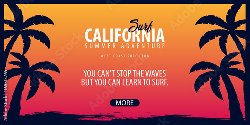 California Surfing graphic with palms. Surf club Vector banner.