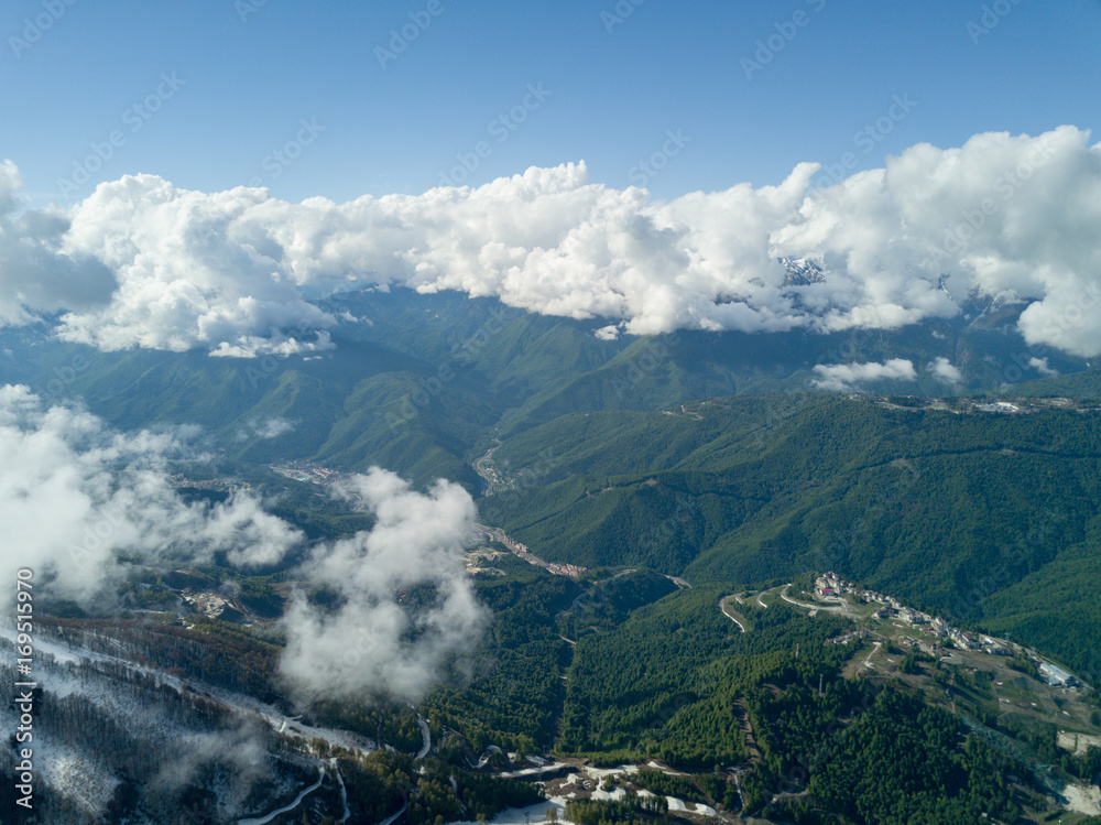 SOCHI, RUSSIA - May, 2017: Aerial view above Ski Resort Rosa Khutor SOCHI, RUSSIA - May, 2017: Aerial view above Ski Resort Rosa Khutor