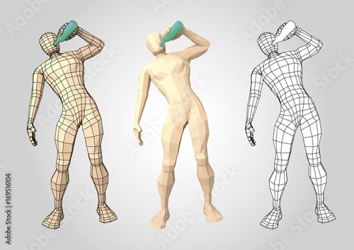 Wireframe human figure drinking from a bottle