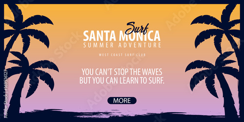 Santa Monica Surfing graphic with palms. Surf club Vector banner.