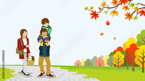 Family Walking in the Autumn nature -Piggyback