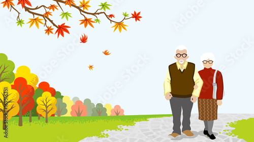 Walking Senior couple in autumn nature