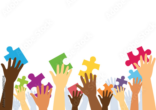 many hands holding colorful puzzle pieces vector illustration