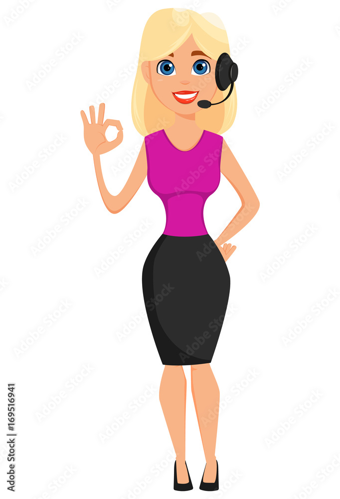 Business woman cartoon character. Cute blonde businesswoman with headset showing ok gesture. Business woman cartoon character. Cute blonde businesswoman with headset showing ok gesture.