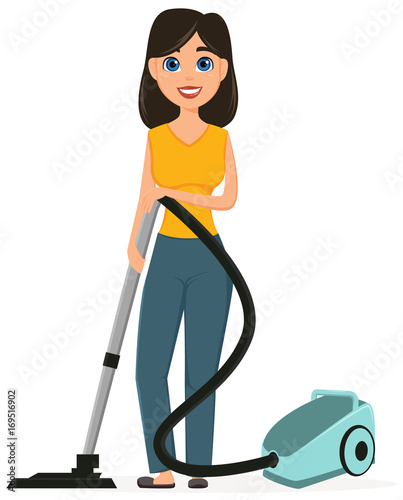 Housewife vacuuming home with a vacuum cleaner. Pretty woman doing domestic work.