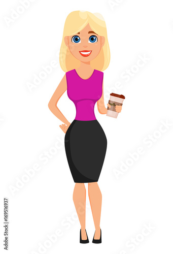 Business woman cartoon character. Cute blonde businesswoman holding cup of coffee while coffee break.