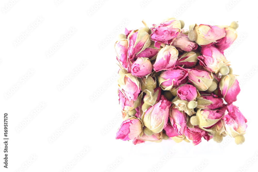Many beautiful pink roses flowers on white background,flora background ,goodmorning ,flowers art, dry roses  flower for made a tea