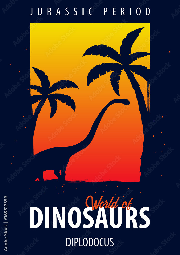 Naklejka premium Poster World of dinosaurs. Prehistoric world. Diplodocus. Jurassic period.