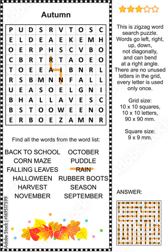 Autumn themed zigzag word search puzzle (suitable both for kids and adults). Answer included.
