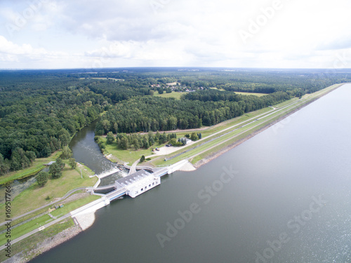 Staumauermit Stausee und Wasserkraftwerk Spremberger See Luftbild photo