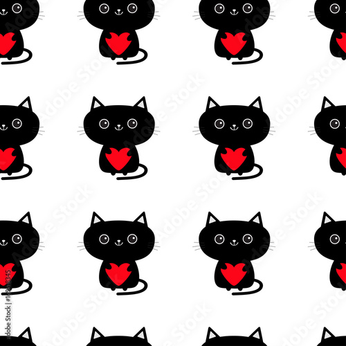 Pattern Seamless. Cute black cat holding red heart. Funny cartoon animal character. Kitty kitten. Baby pet collection. Wrapping paper  textile template. White background. Isolated. Flat design.