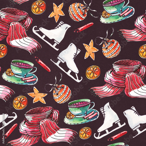 Grainy raster illustration with christmas seamless pattern drawn with watercolor and brush on black textured paper. Skates, christmas balls, warm scarf, cup with cinnamon and citrus.